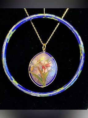 Cloisonné Day Lily Necklace & Bangle with Blue Floral Enamel Pendant